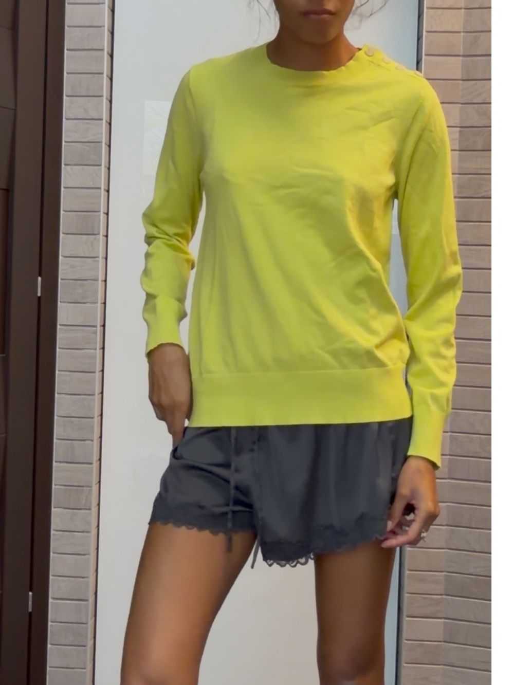 LOFT Bright Yellow Crewneck Sweater with Shoulder Buttons